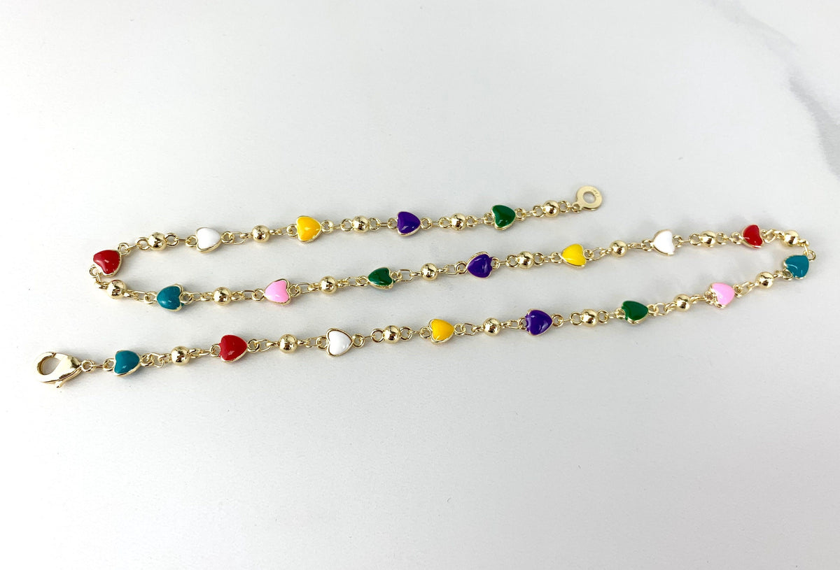 18k Gold Filled Bead Link Chain Featuring Colorful Enamel Hearts Necklace Wholesale Jewelry Supplies