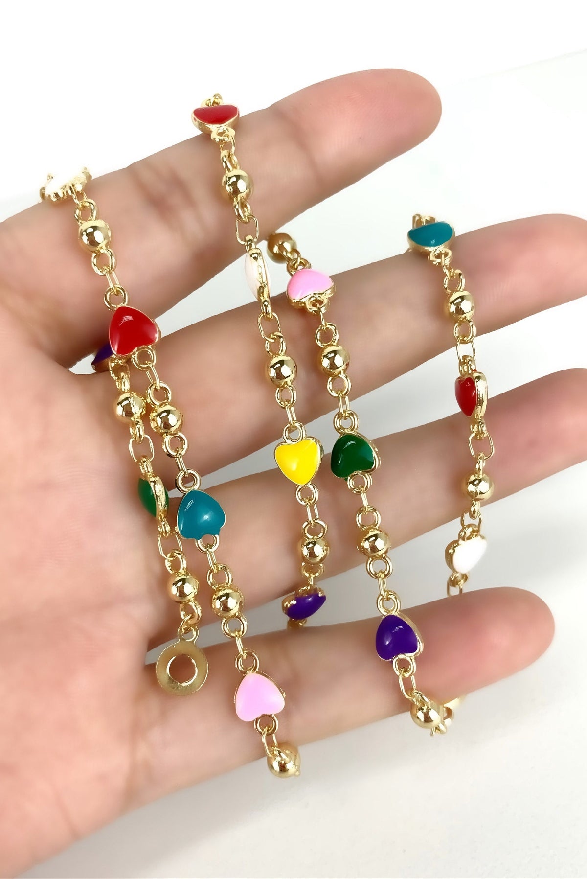 18k Gold Filled Bead Link Chain Featuring Colorful Enamel Hearts Necklace Wholesale Jewelry Supplies