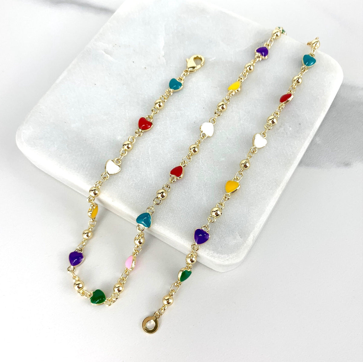 18k Gold Filled Bead Link Chain Featuring Colorful Enamel Hearts Necklace Wholesale Jewelry Supplies
