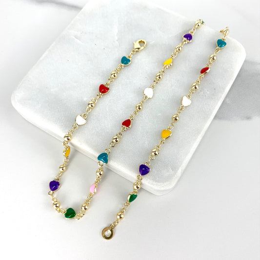 18k Gold Filled Bead Link Chain Featuring Colorful Enamel Hearts Necklace Wholesale Jewelry Supplies