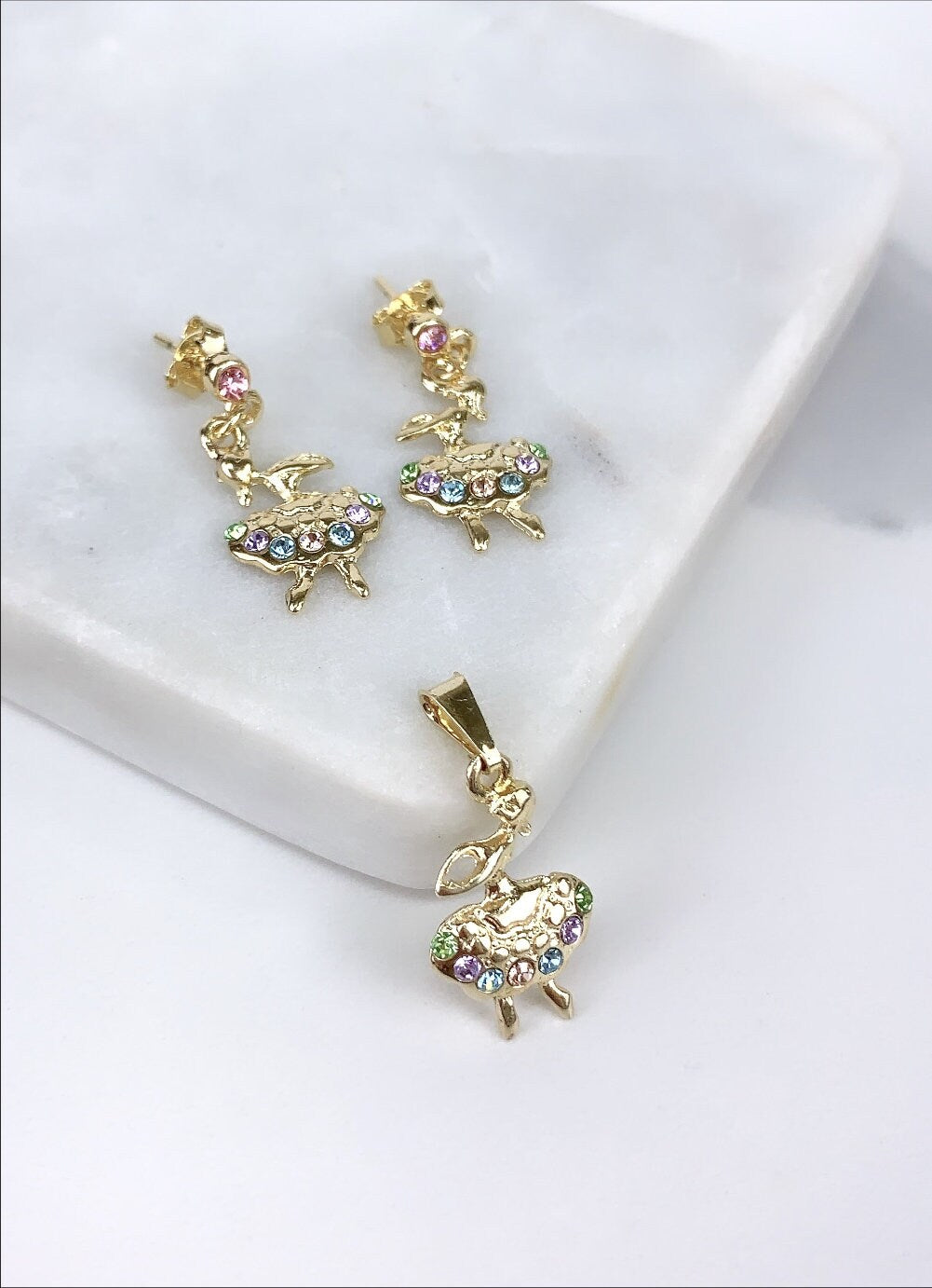 18k Gold Filled with Colored Cubic Zirconia Ballet Dancer Earrings and Pendant Wholesale Jewelry Supplies