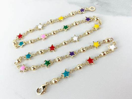 18k Gold Filled Bead Link Chain Featuring Colorful Enamel Stars Necklace Wholesale Jewelry Supplies