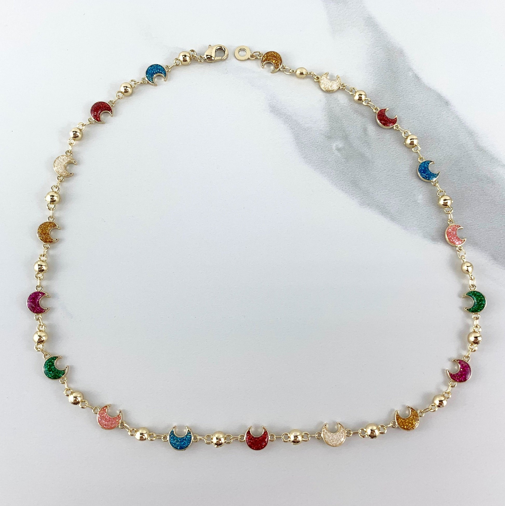 18k Gold Filled Bead Chain Featuring Colorful Sparkle Moon Simulated Druse Stones Necklace Wholesale Jewelry Supplies