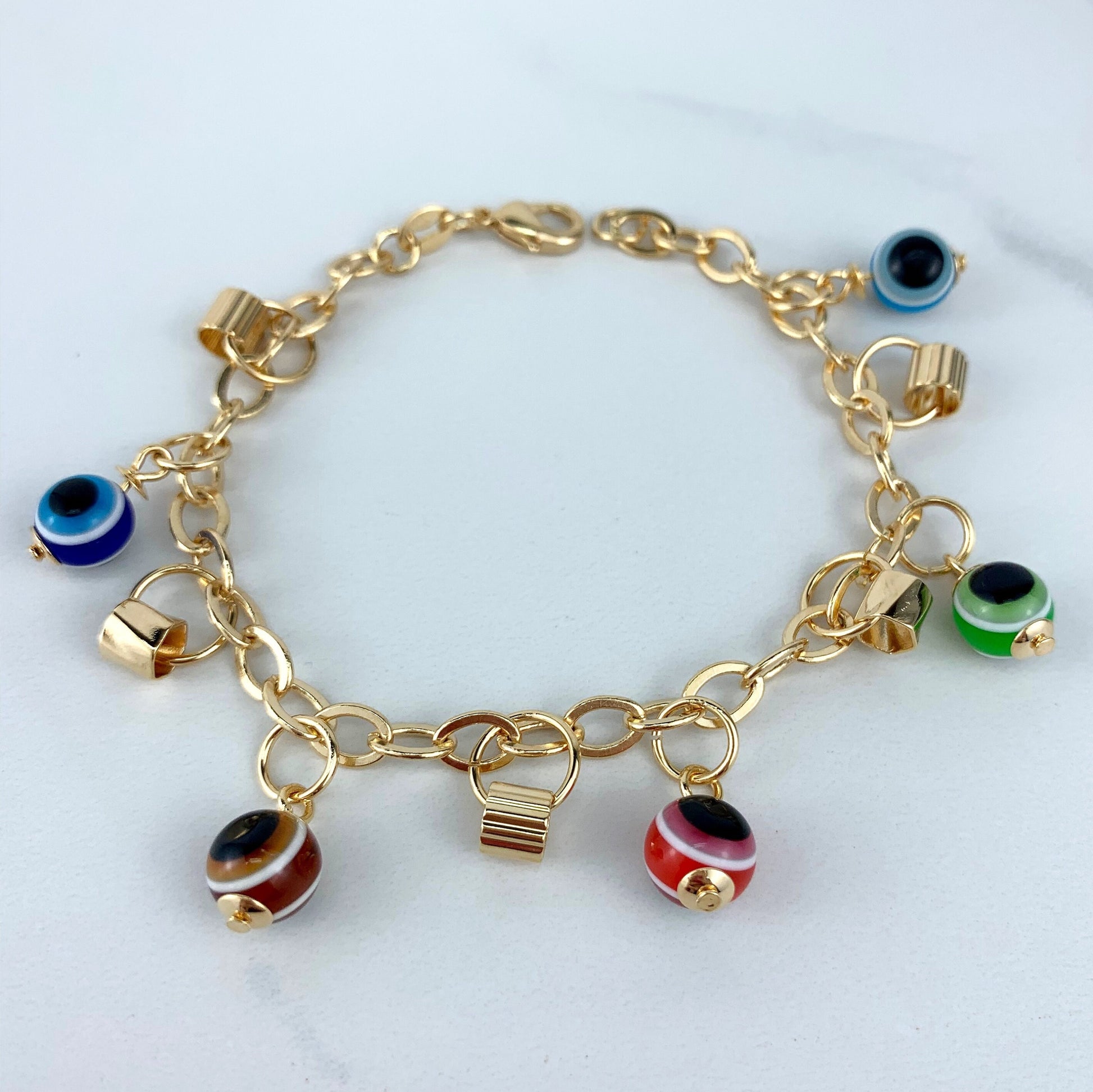 18k Gold Filled Rolo Belcher Chain with Multicolor Evil Eye Charms, 7.5 Inches Length Bracelet for Wholesale and Jewelry Supplies