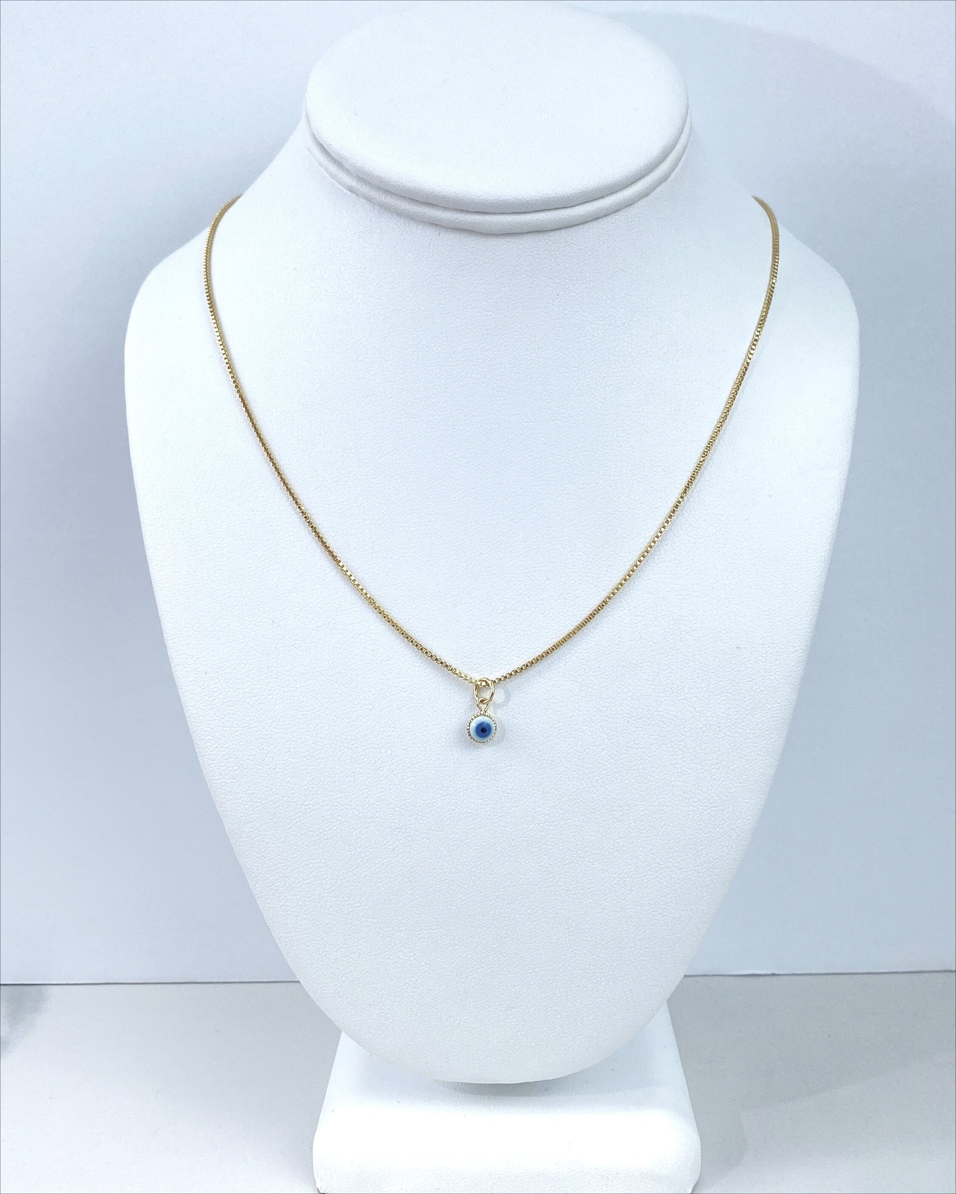 18k Gold Filled 1mm Box Chain Necklace with Greek Eye, Evil Eyes Pendant Charms, Protection & Lucky, for Wholesale and Jewelry Supplies