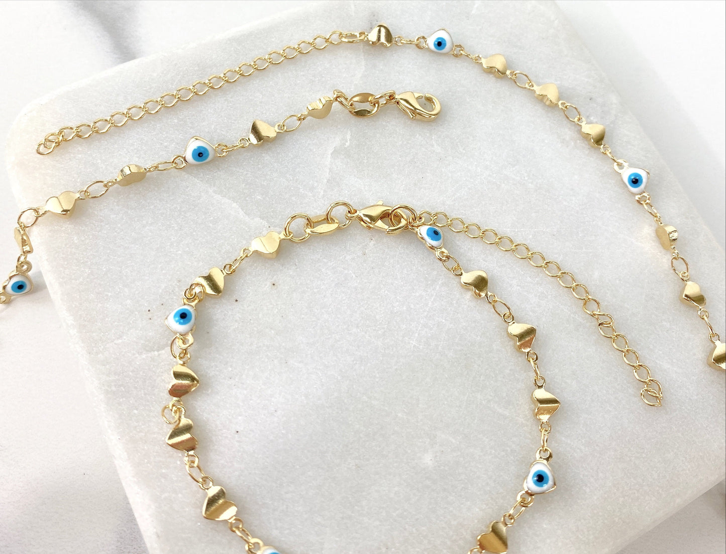 18k Gold Filled 5mm Hearts and Evil Eye Bracelet or Necklace with Extender for Wholesale and Jewelry Supplies