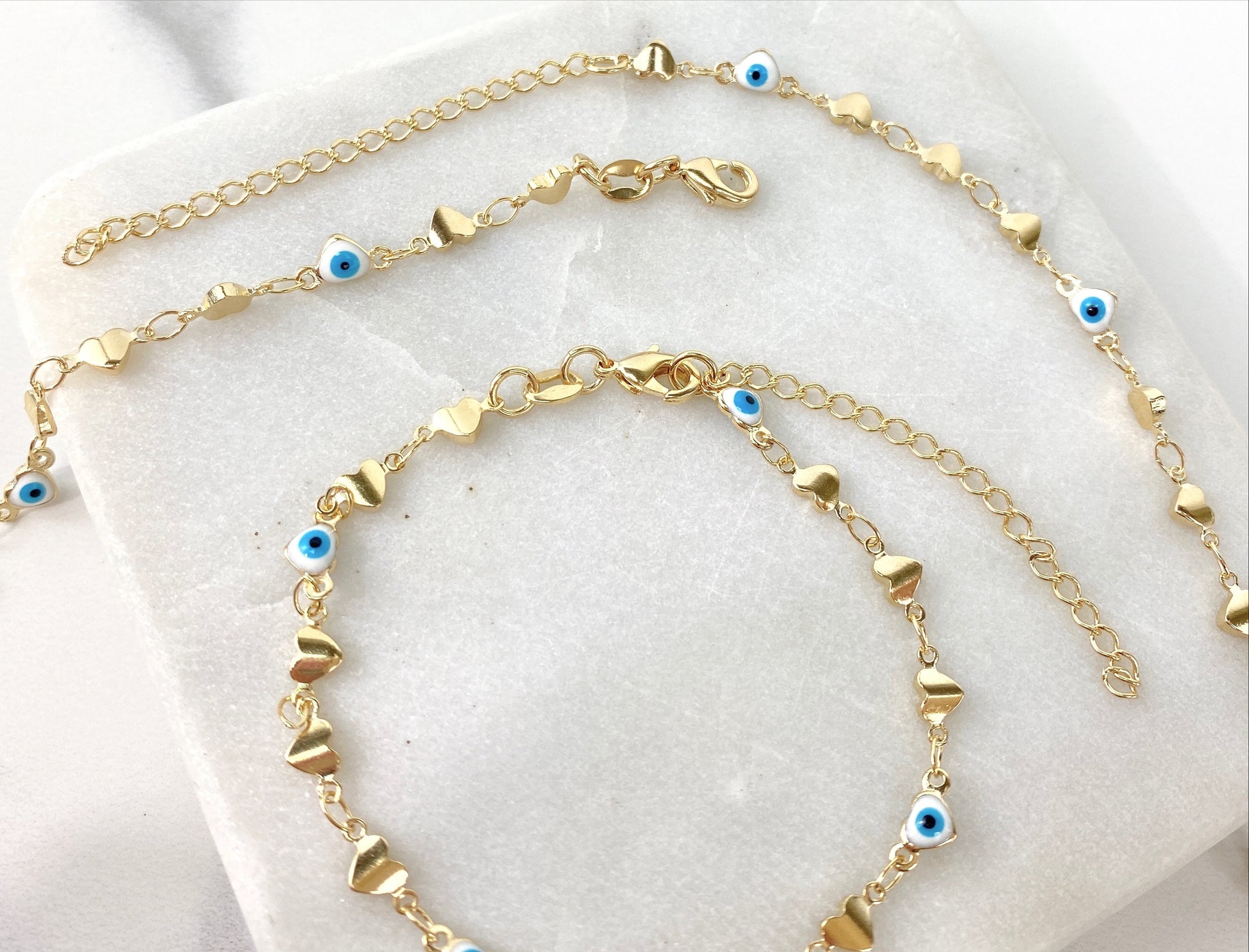 18k Gold Filled 5mm Hearts and Evil Eye Bracelet or Necklace with Extender for Wholesale and Jewelry Supplies