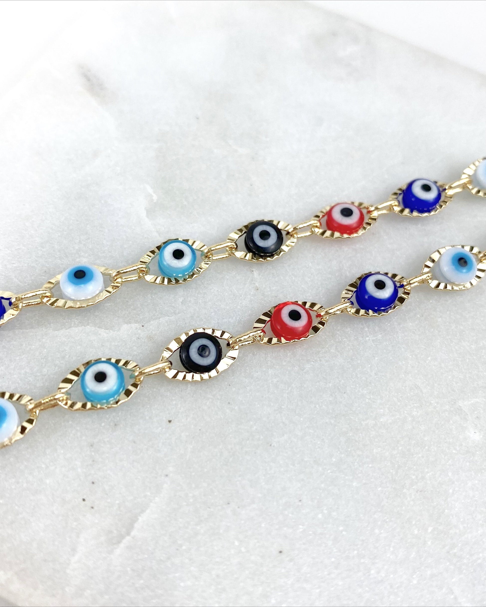 18k Gold Filled Fancy 6mm Colorful Colored, Red, Blue & Black Evil Eye Protection Bracelet or Anklet for Wholesale Jewelry Supplies