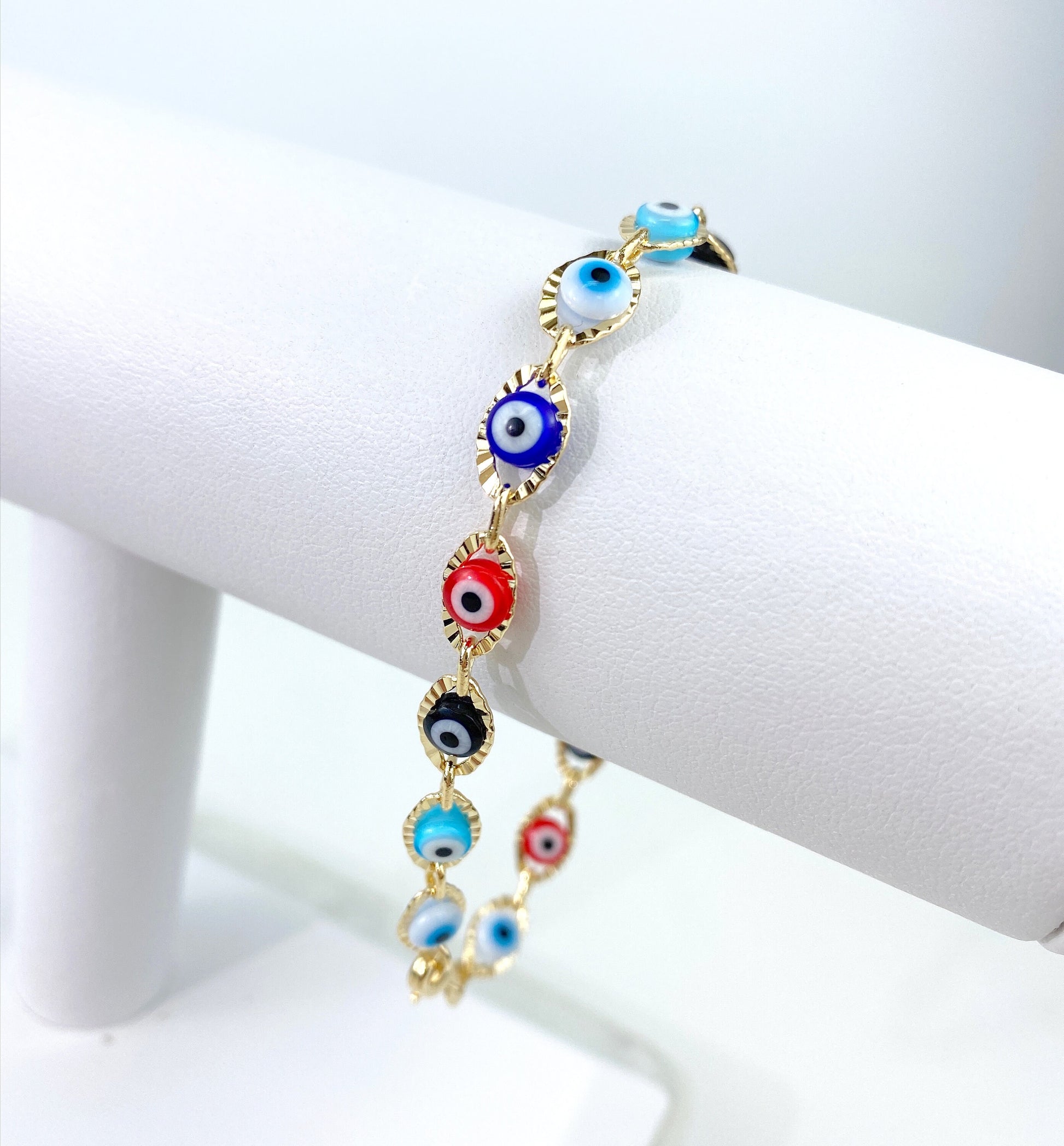 18k Gold Filled Fancy 6mm Colorful Colored, Red, Blue & Black Evil Eye Protection Bracelet or Anklet for Wholesale Jewelry Supplies