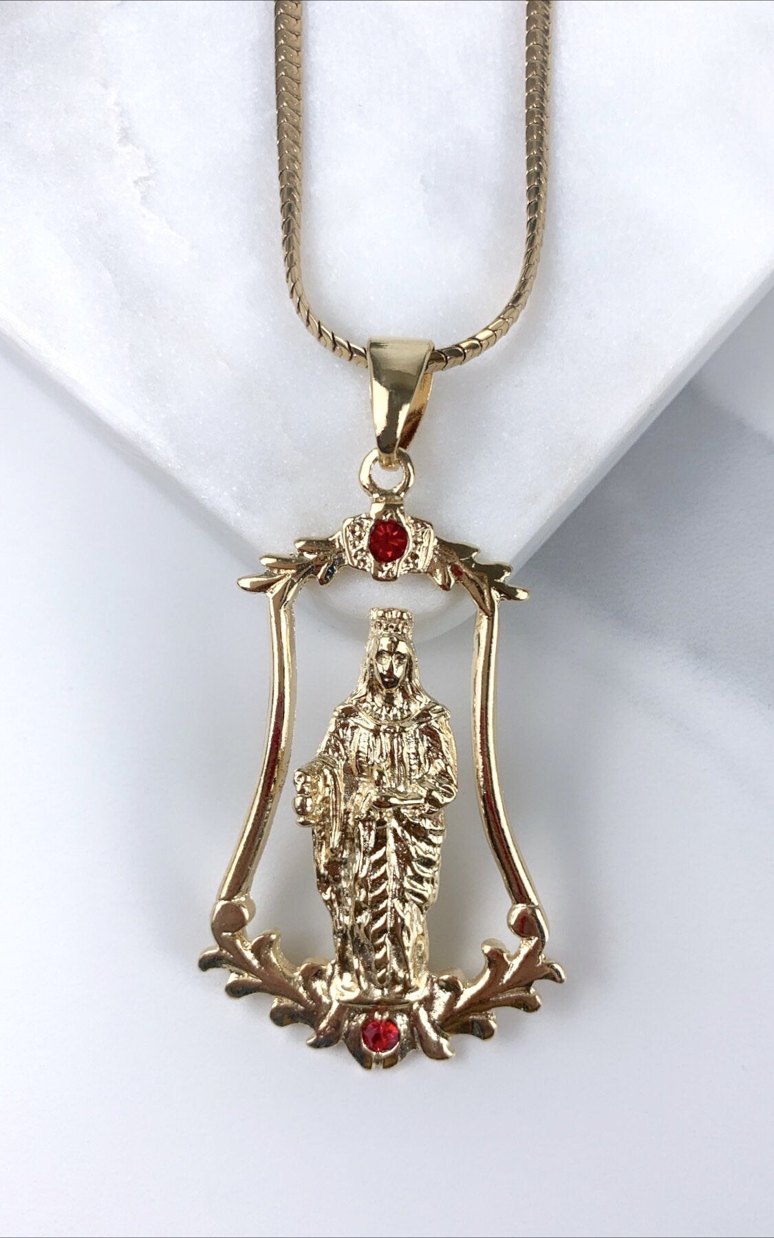 18k Gold Filled Santa Barbara with Red Cubic Zirconia Pendant Charms, Snake Chain Available, Wholesale Jewelry Making Supplies
