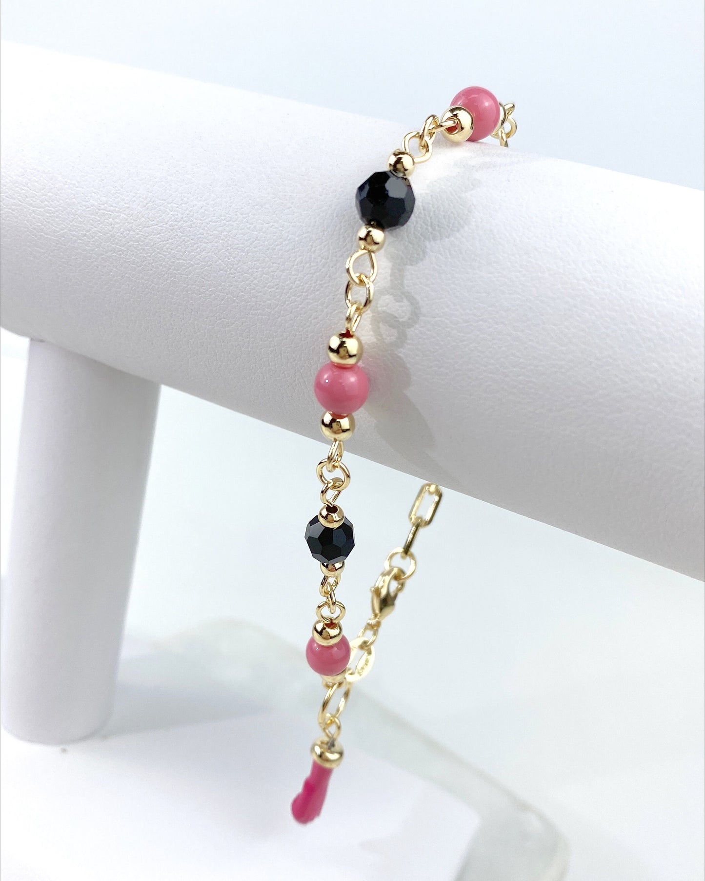 18k Gold Filled Paper Clip Link Pink Beads, Simulated Azabache, Figa Hand Charm Bracelet, Luck Protection, Wholesale Jewelry Supplies