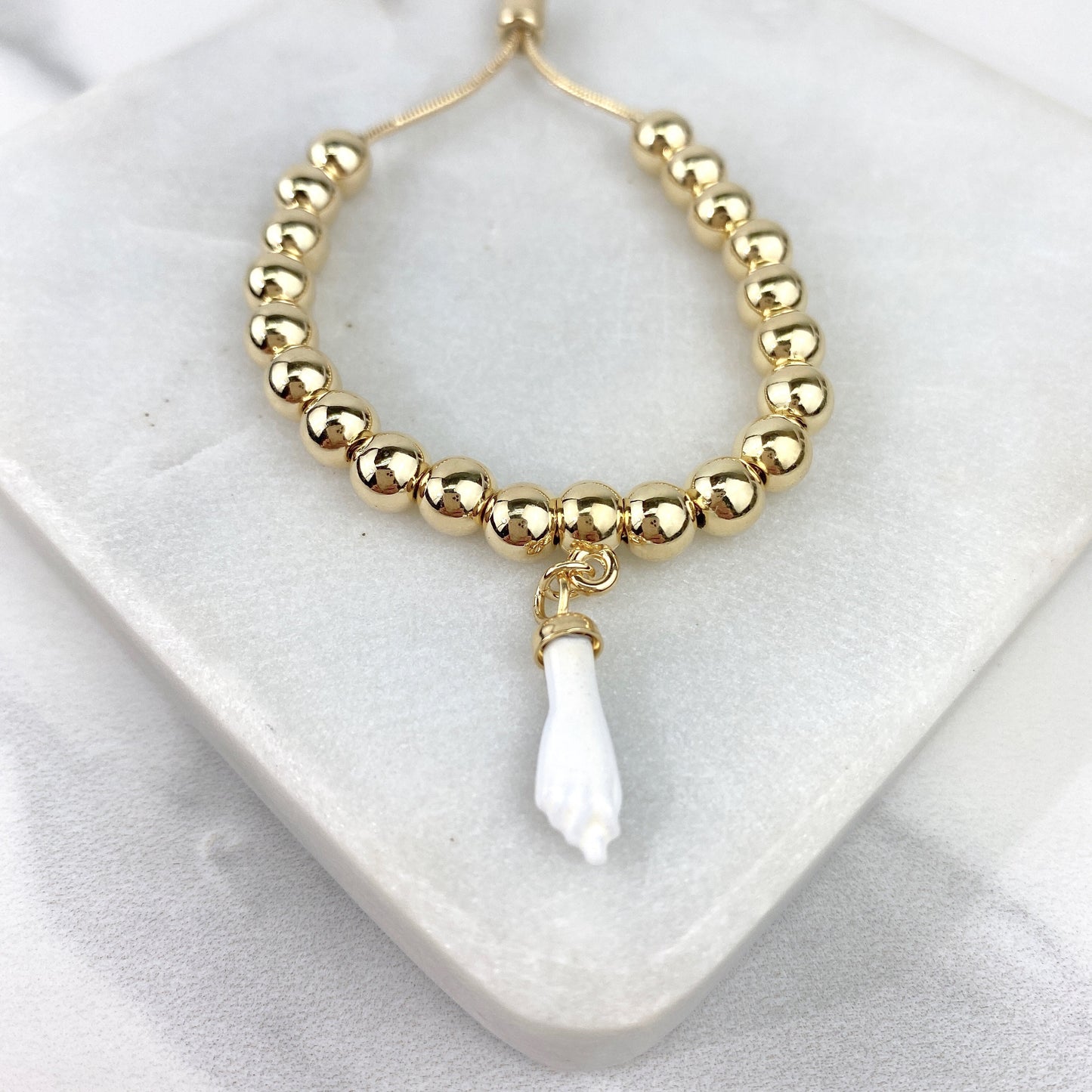 18k Gold Filled Beads, White Figa Hand Charm, Adjustable Bracelet, Protection Jewelry WholesaleJewelry Supplies