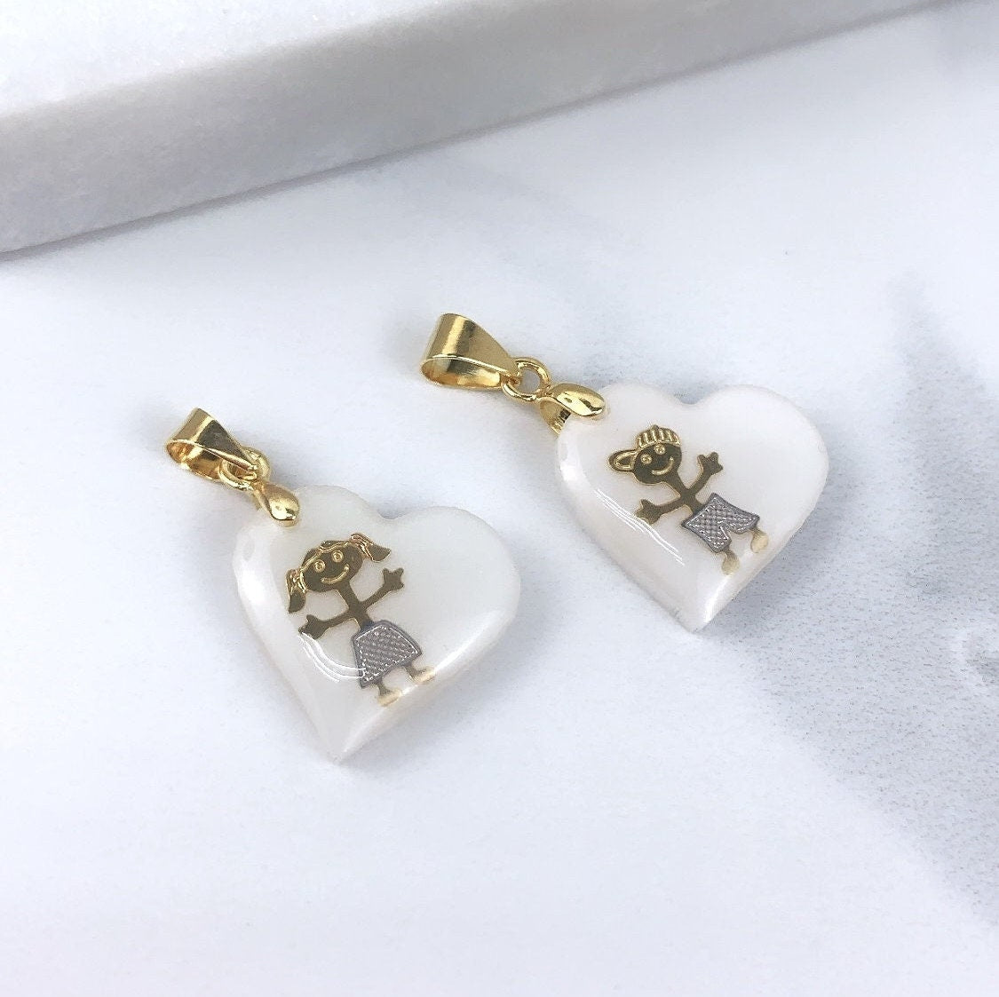 18k Gold Filled Simulate White Opal Heart Charms Featuring Embedded Graphic Boy or Girl Design Wholesale Jewelry Making Supplies