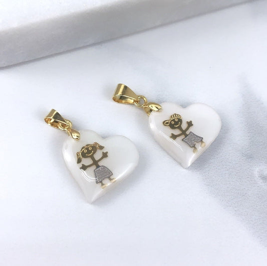 18k Gold Filled Simulate White Opal Heart Charms Featuring Embedded Graphic Boy or Girl Design Wholesale Jewelry Making Supplies