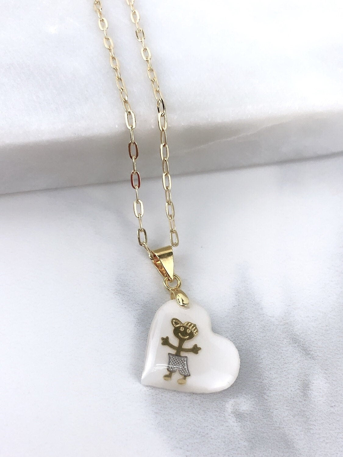 18k Gold Filled Simulate White Opal Heart Charms Featuring Embedded Graphic Boy or Girl Design Wholesale Jewelry Making Supplies