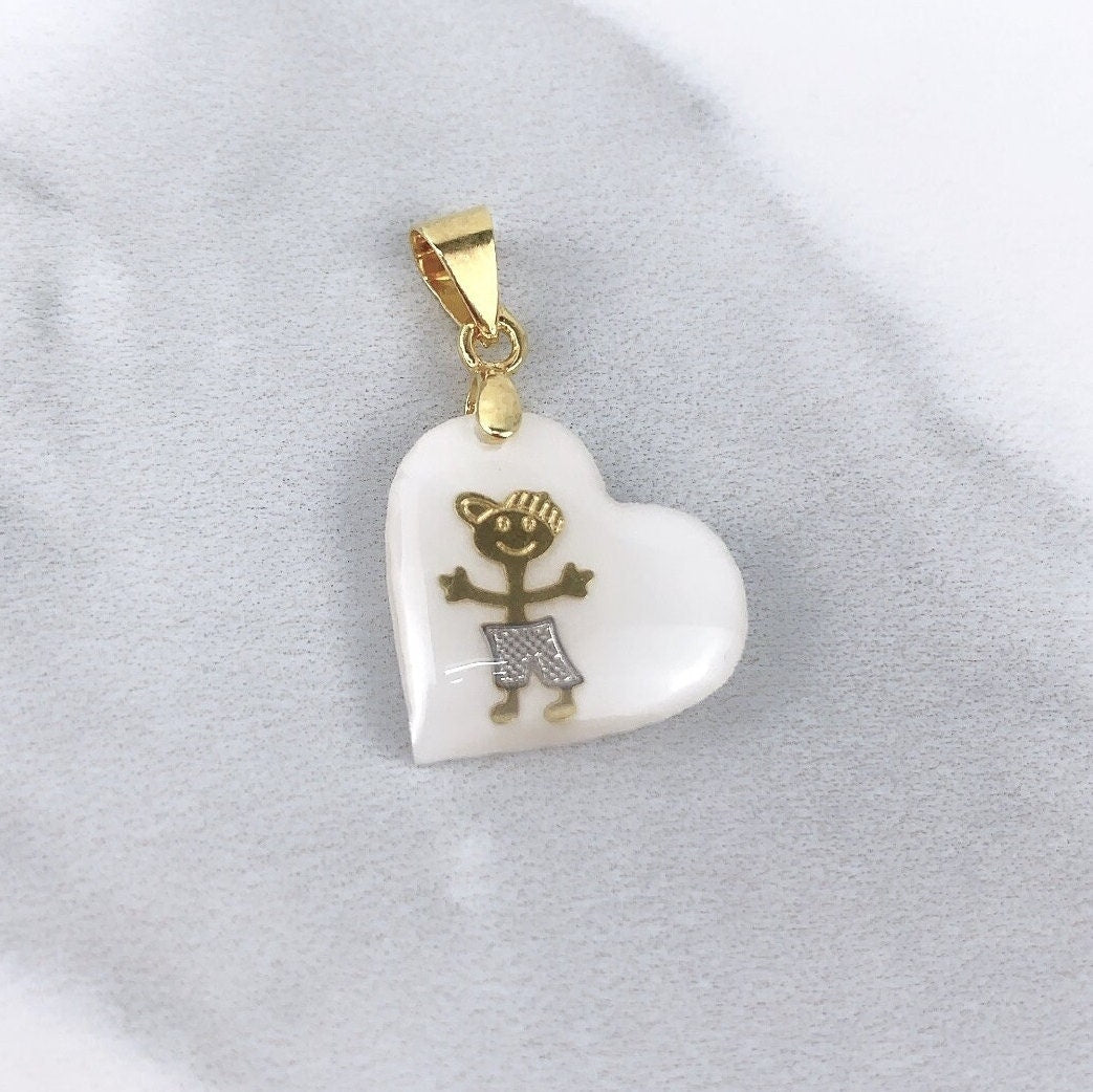 18k Gold Filled Simulate White Opal Heart Charms Featuring Embedded Graphic Boy or Girl Design Wholesale Jewelry Making Supplies