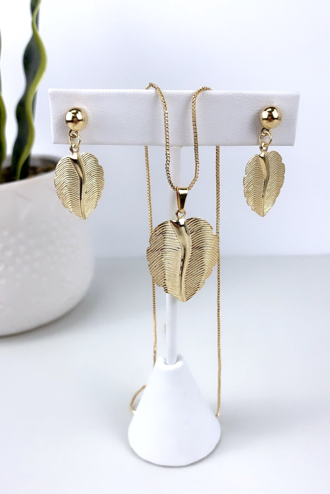 18k Gold Filled 1mm Box Chain with Texturized Leaf Shape Design Pendant & Leaf Earrings Set, Wholesale Jewelry Making Supplies