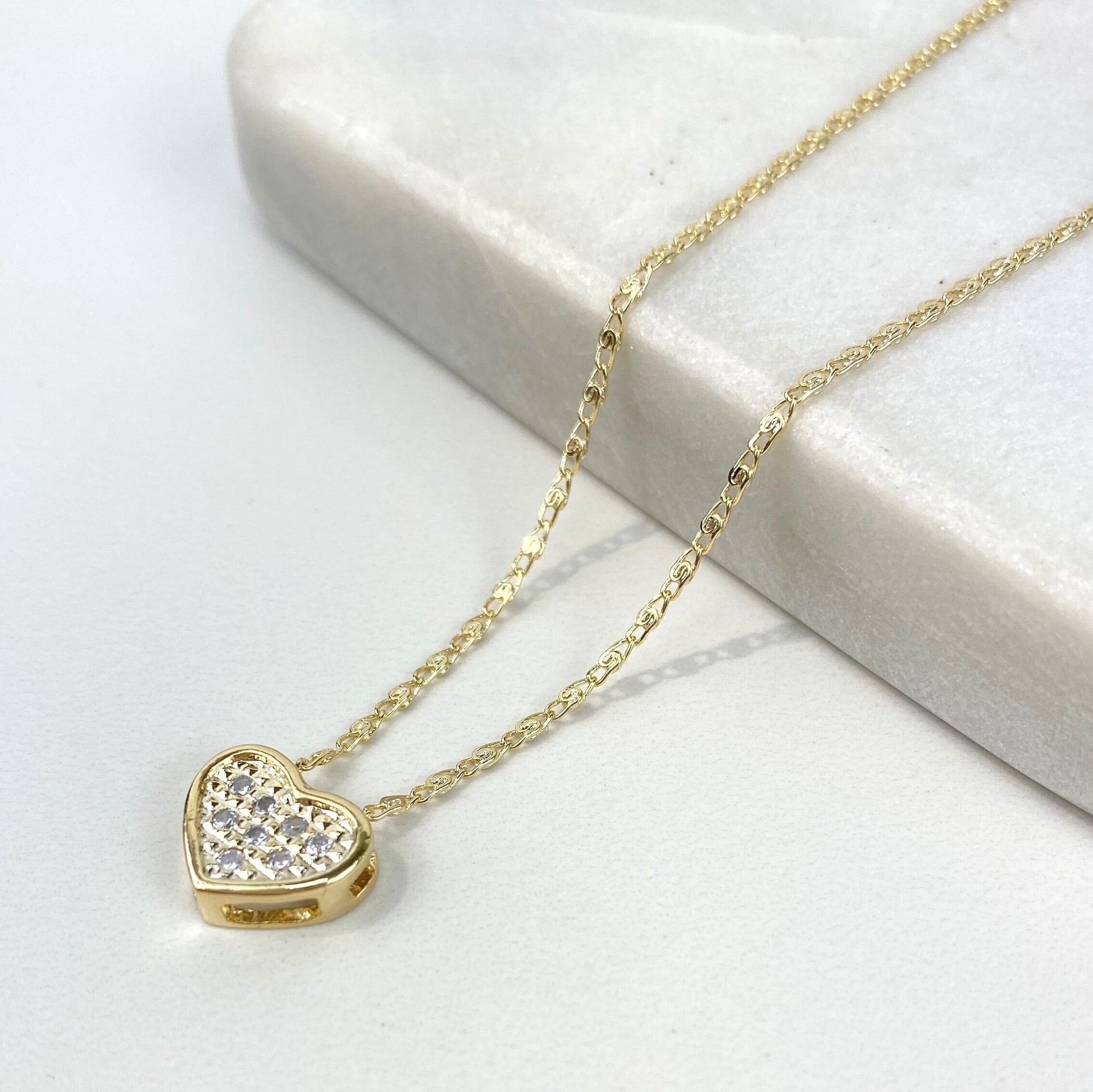 18k Gold Filled 1mm Anchor Chain Necklace Featuring Micro Pave Cubic Zirconia Heart Charms And Stud Earrings Set,Wholesale Jewelry Supplies