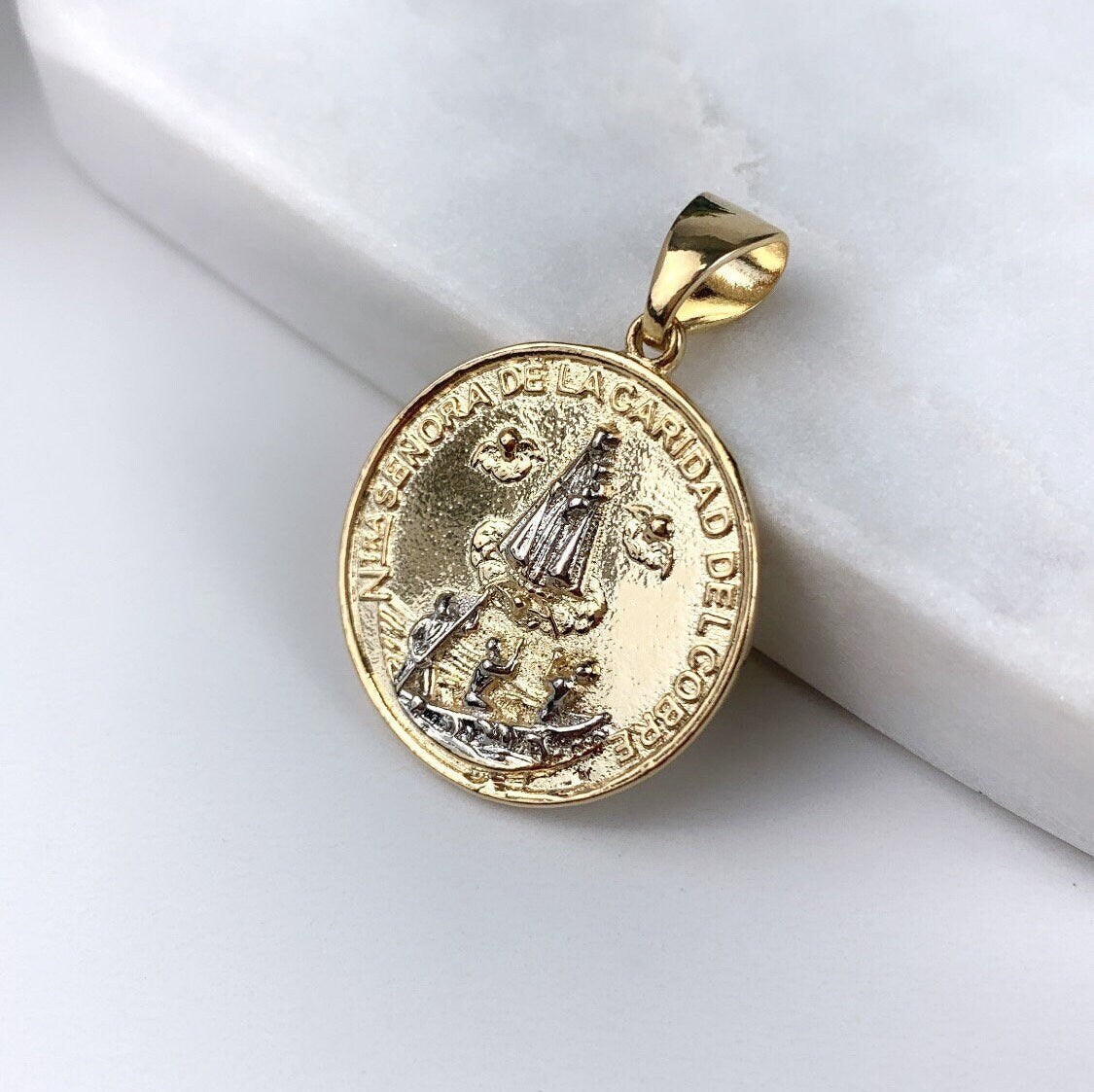 18k Gold Filled Two Tone Virgin de la Caridad del Cobre Charm or Necklace Curved Snake Chain Availabe Wholesale Jewelry Making Supplies