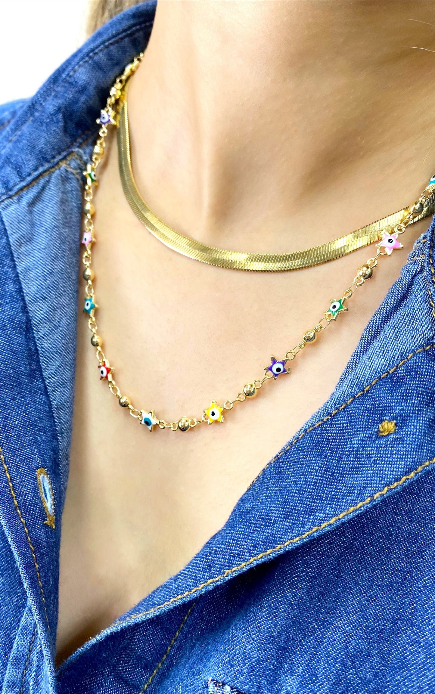 18k Gold Filled Bead Link Chain Featuring Colorful Enamel Evil Eyes Stars Necklace Wholesale Jewelry Supplies