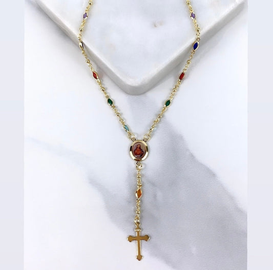 18k Gold Filled 18 inches Religious Colored Tears Crystals with God and Crucifix Rosary Necklace Wholesale Jewelry Supplies