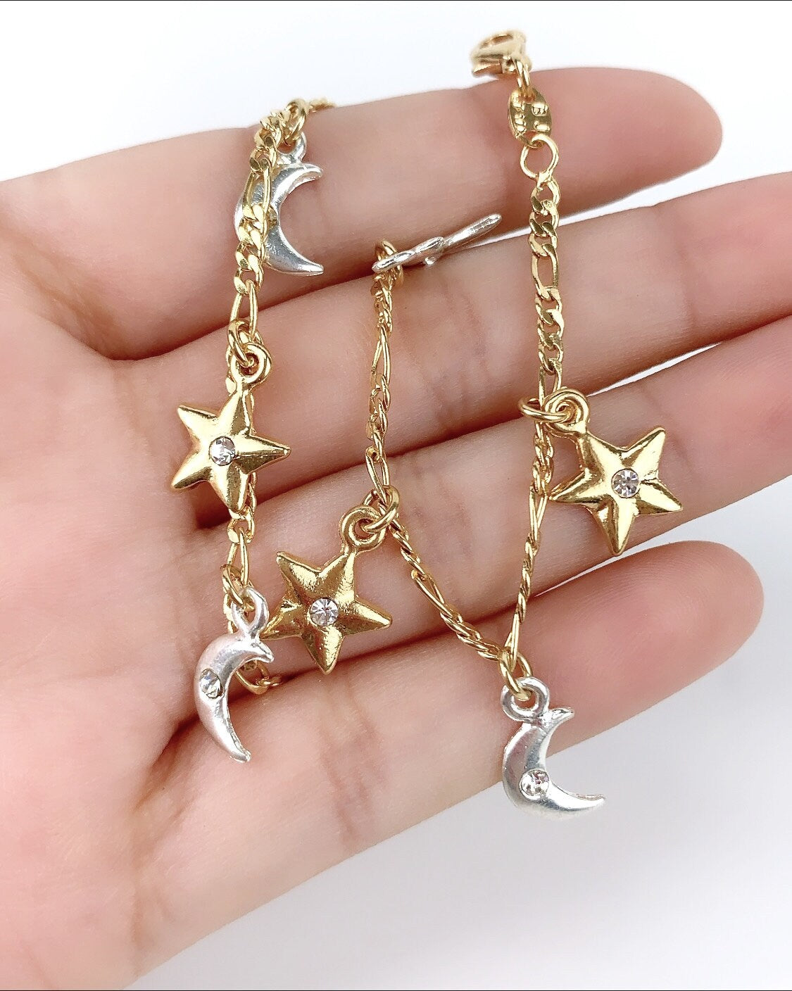 18k Gold Filled 2mm Figaro Cubic Zirconia Gold Stars Silver Moons Charms Bracelet Wholesale Jewelry Supplies
