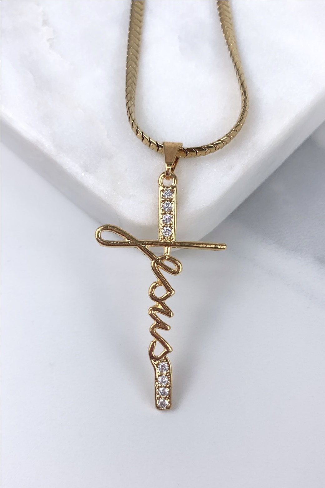 18k Gold Filled,Cubic Zirconia, Description Jesus Cross, Charm Pendant, Curve Snake Chain, Wholesale Jewelry Making Supplies