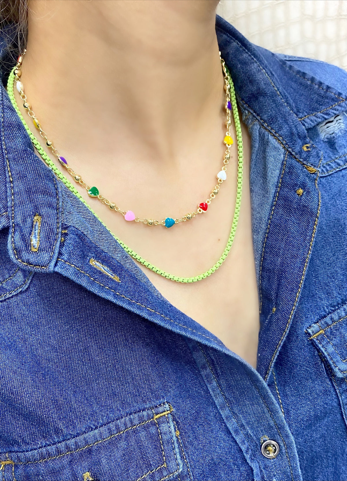 18k Gold Filled Bead Link Chain Featuring Colorful Enamel Hearts Necklace Wholesale Jewelry Supplies