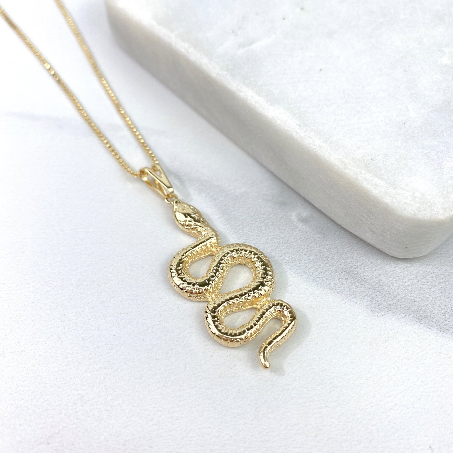 18k Gold Filled Textured Snake Pendant or Box Chain Necklace For Wholesale and Jewelry Supplies