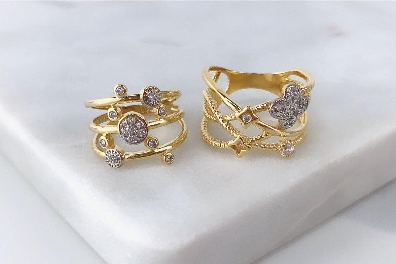 18k Gold Filled CZ Cubic Zirconia Clover Flower or Bezel Round Ring Wholesale Jewelry Supplies