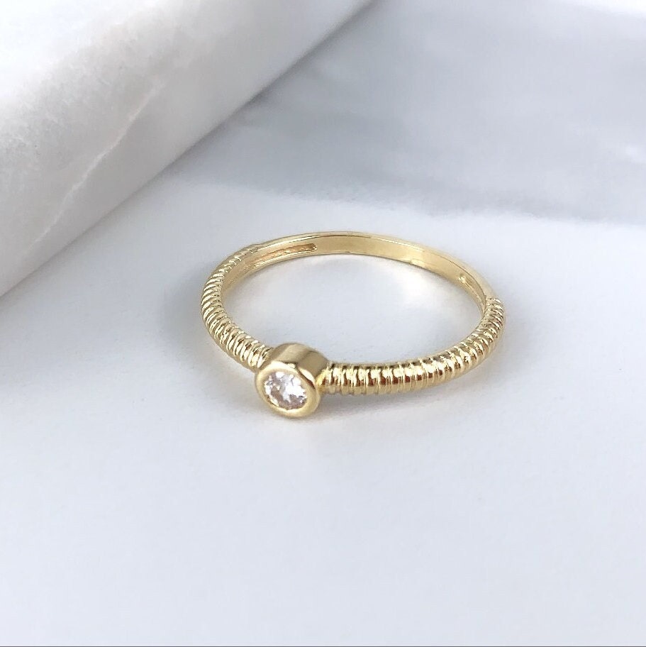 18k Gold Filled Twisted Band Ring Featuring a Solitaire Cubic Zirconia Bezel Setting Stackable Ring Wholesale Jewelry Supplies