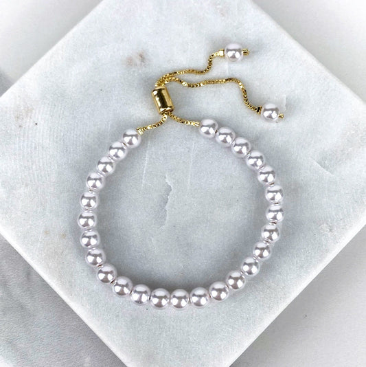 18k Gold Filled 1mm Box Chain with Acrylic White Ball Adjustable Bracelet Wholesale Jewelry Supplies