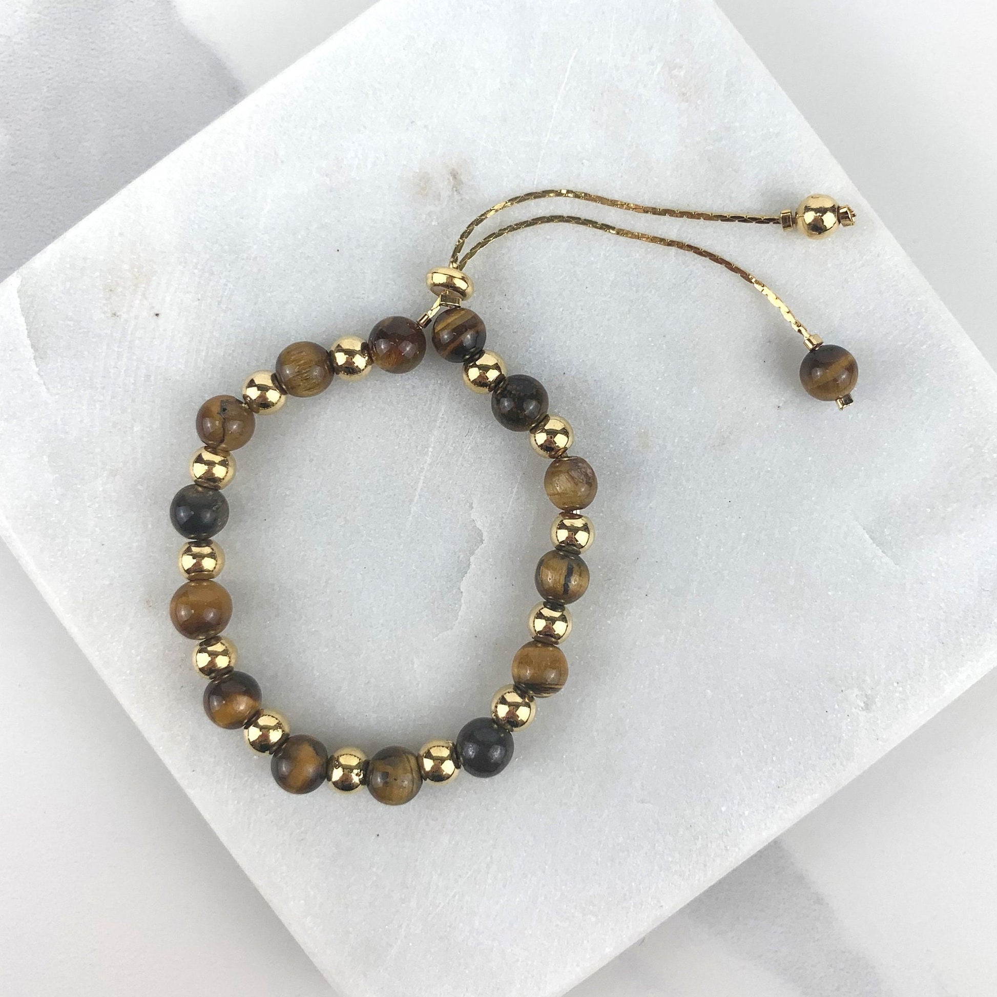 18k Gold Filled Tigers Eye Gemstone With Gold Ball Bead Adjustable Bracelet, 02 Styles Available, Wholesale Jewelry Making Supplies