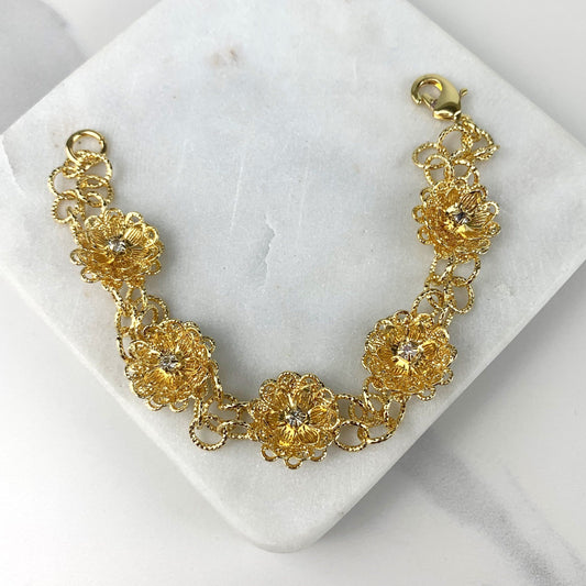 18k Gold Filled 7mm Double Cable Chain Bracelet Featuring Cubic Zirconia 3D Design Flowers Wholesale Jewelry Making Supplies