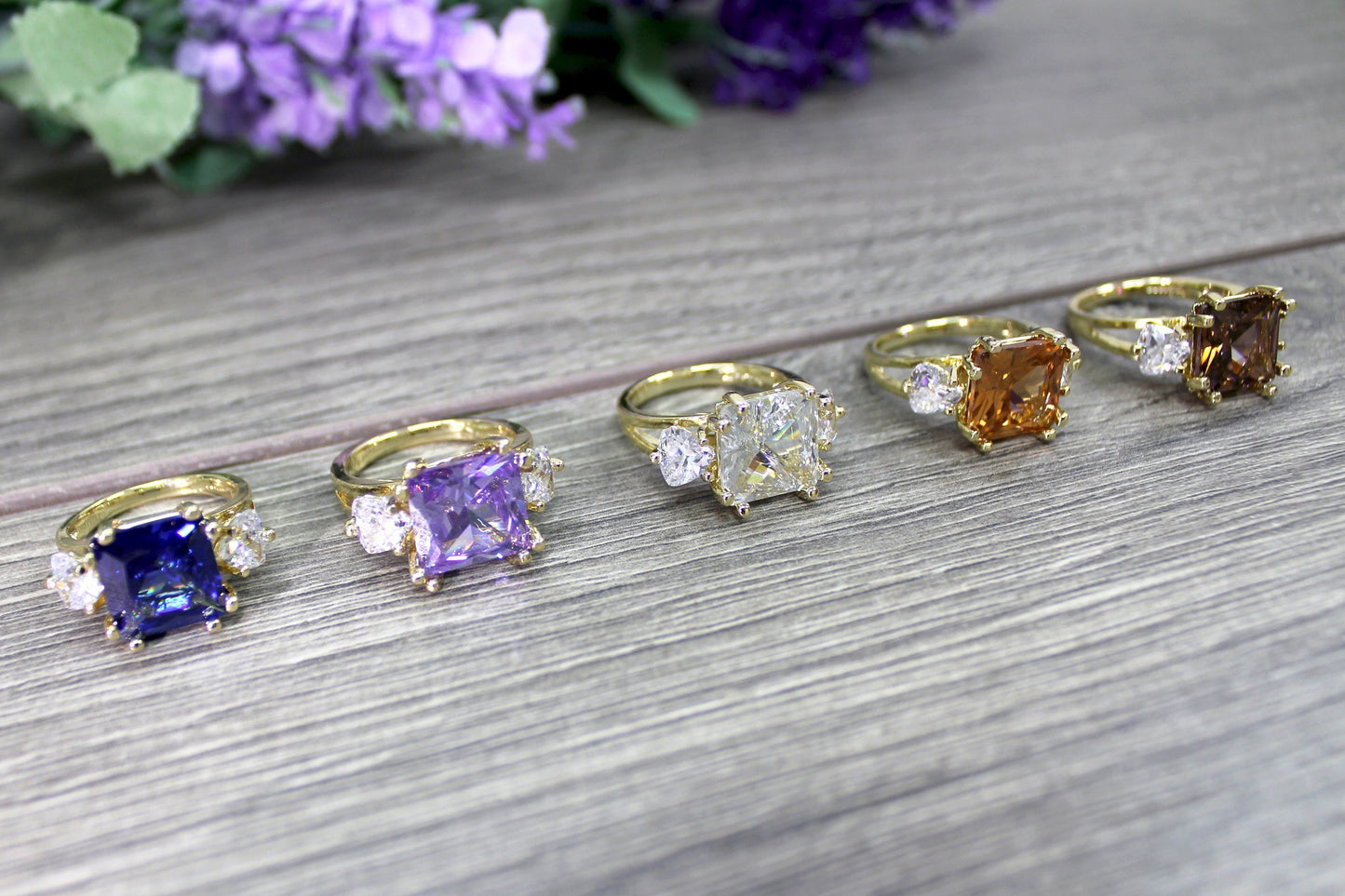 18k Gold Filled Princess Cut Three Stones Ring Featuring Color Cubic Zirconia Stones Combination Wholesale Jewelry Making Supplies
