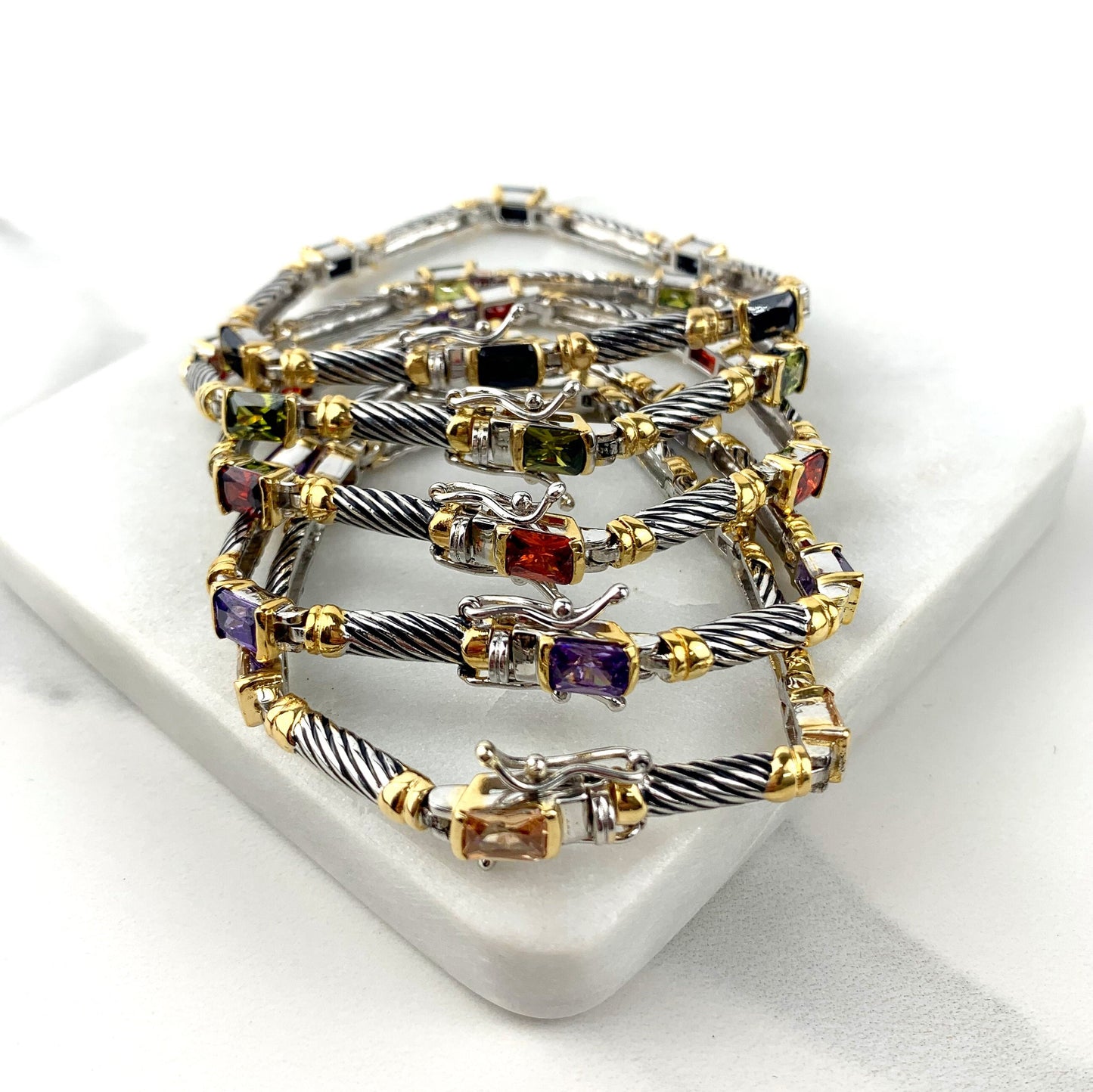 Rhodium Plated Antiqued Spiral Link with Red, Purple, Black,Green or Yellow, Cubic Zirconia Bracelet, Wholesale Jewelry Supplies