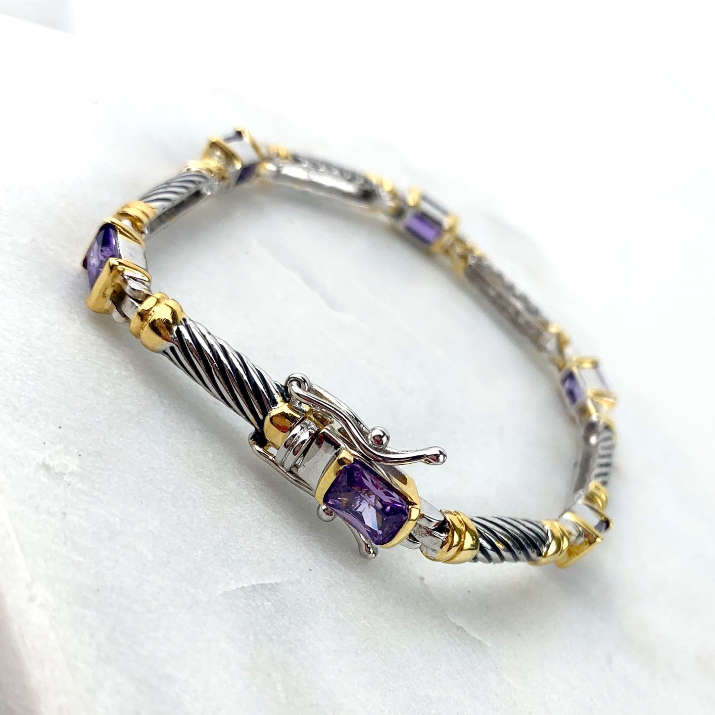Rhodium Plated Antiqued Spiral Link with Red, Purple, Black,Green or Yellow, Cubic Zirconia Bracelet, Wholesale Jewelry Supplies