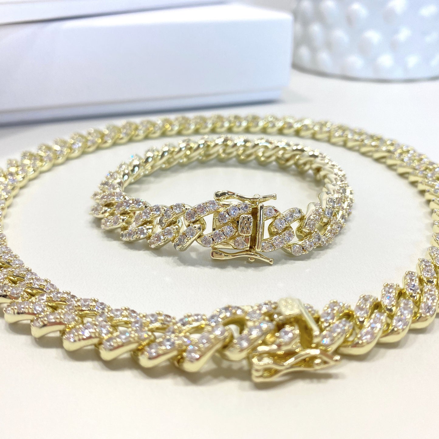 14k Gold Filled 10mm Iced Miami Cuban Chain Featuring Double Safety Lock Box Cubic Zirconia, Chain or Bracelet, Wholesale Jewelry Supplies
