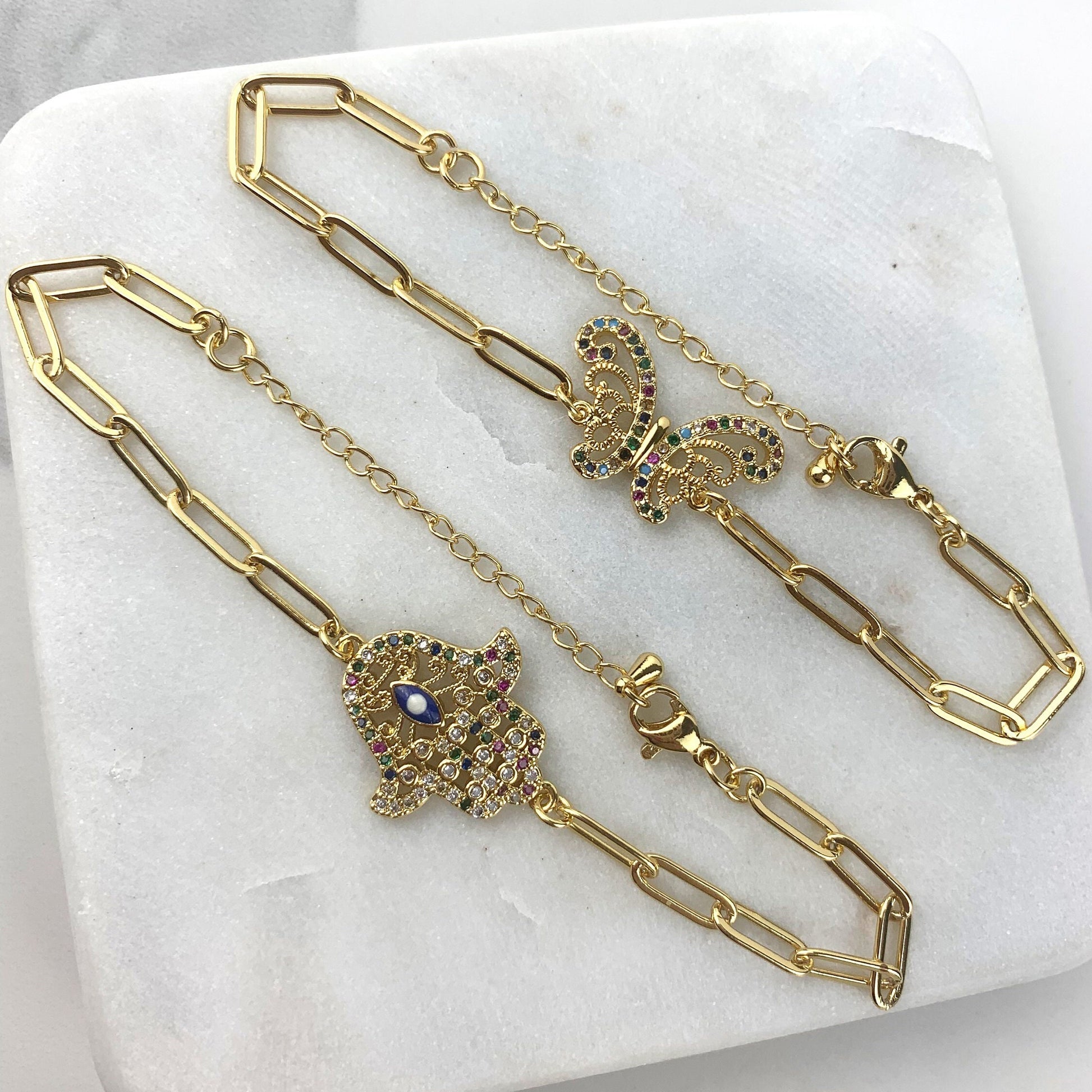 18k Gold Filled 4mm Paperclip Chain Colored Micro Cubic Zirconia Butterfly or Hand Saint Bracelet with extender Wholesale Jewelry Supplies