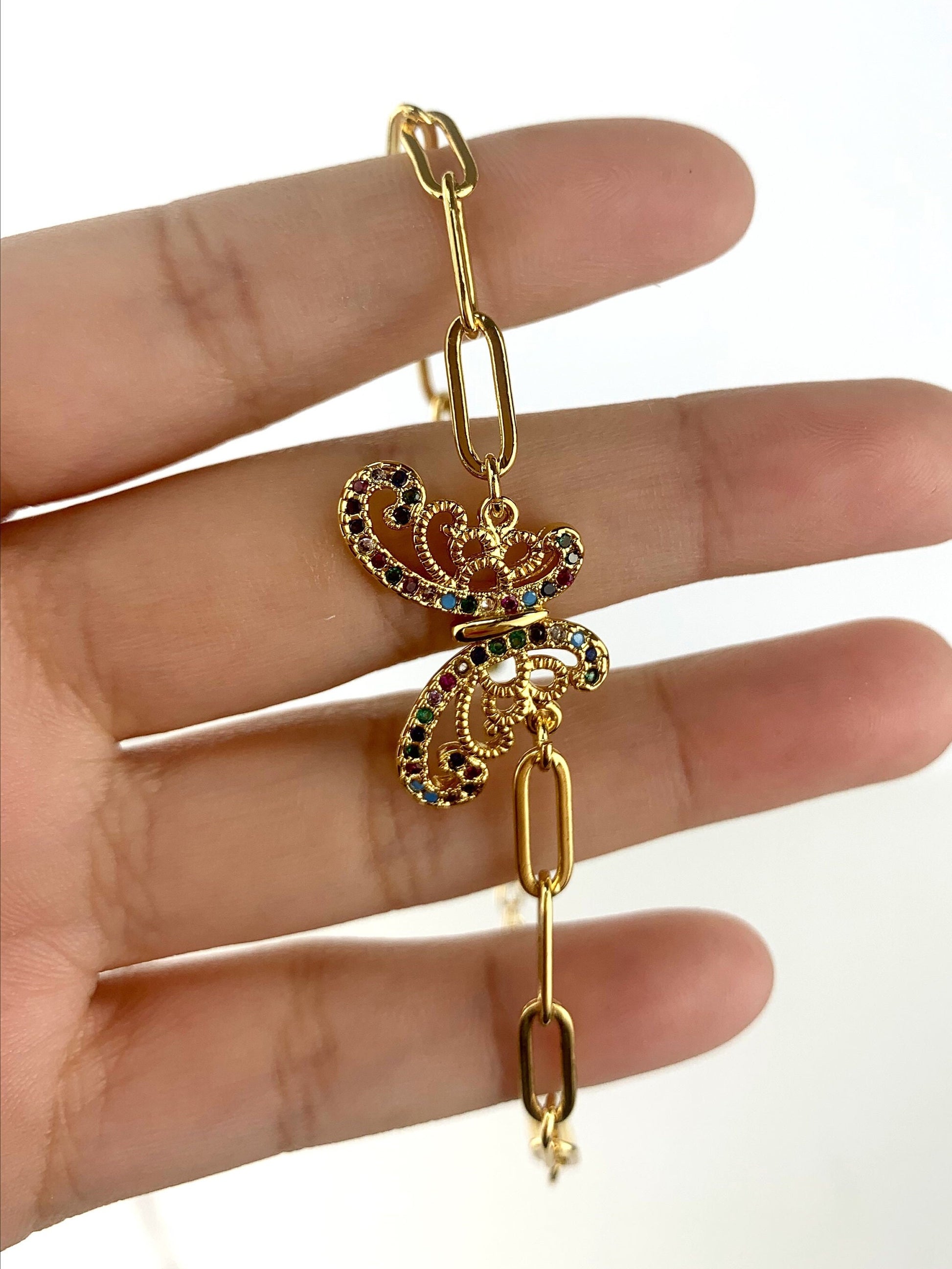 18k Gold Filled 4mm Paperclip Chain Colored Micro Cubic Zirconia Butterfly or Hand Saint Bracelet with extender Wholesale Jewelry Supplies