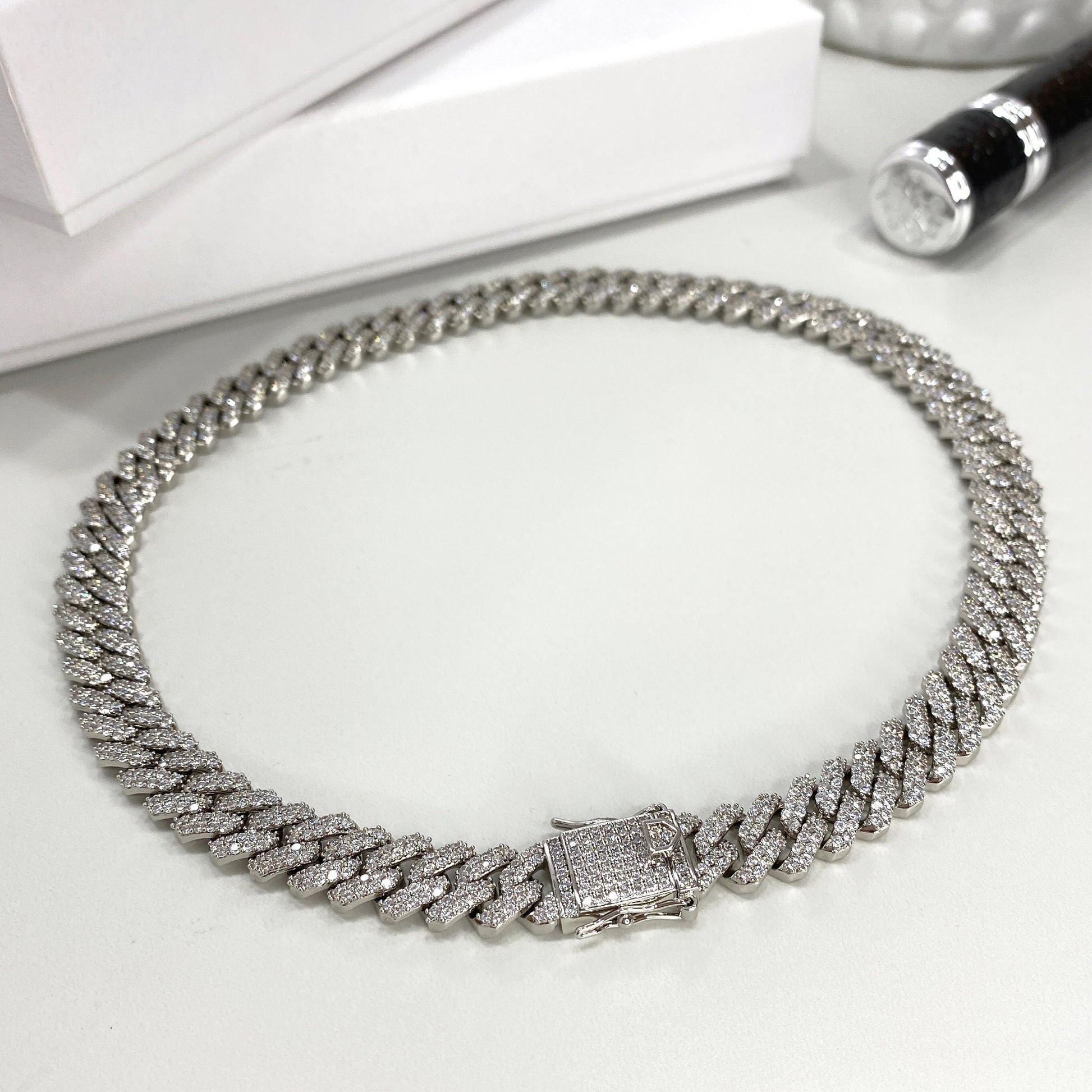 Silver Filled Iced Miami Cuban Chain Featuring Double Safety Lock Box Cubic Zirconia, Unisex Chain or Bracelet, Wholesale Jewelry Supplies
