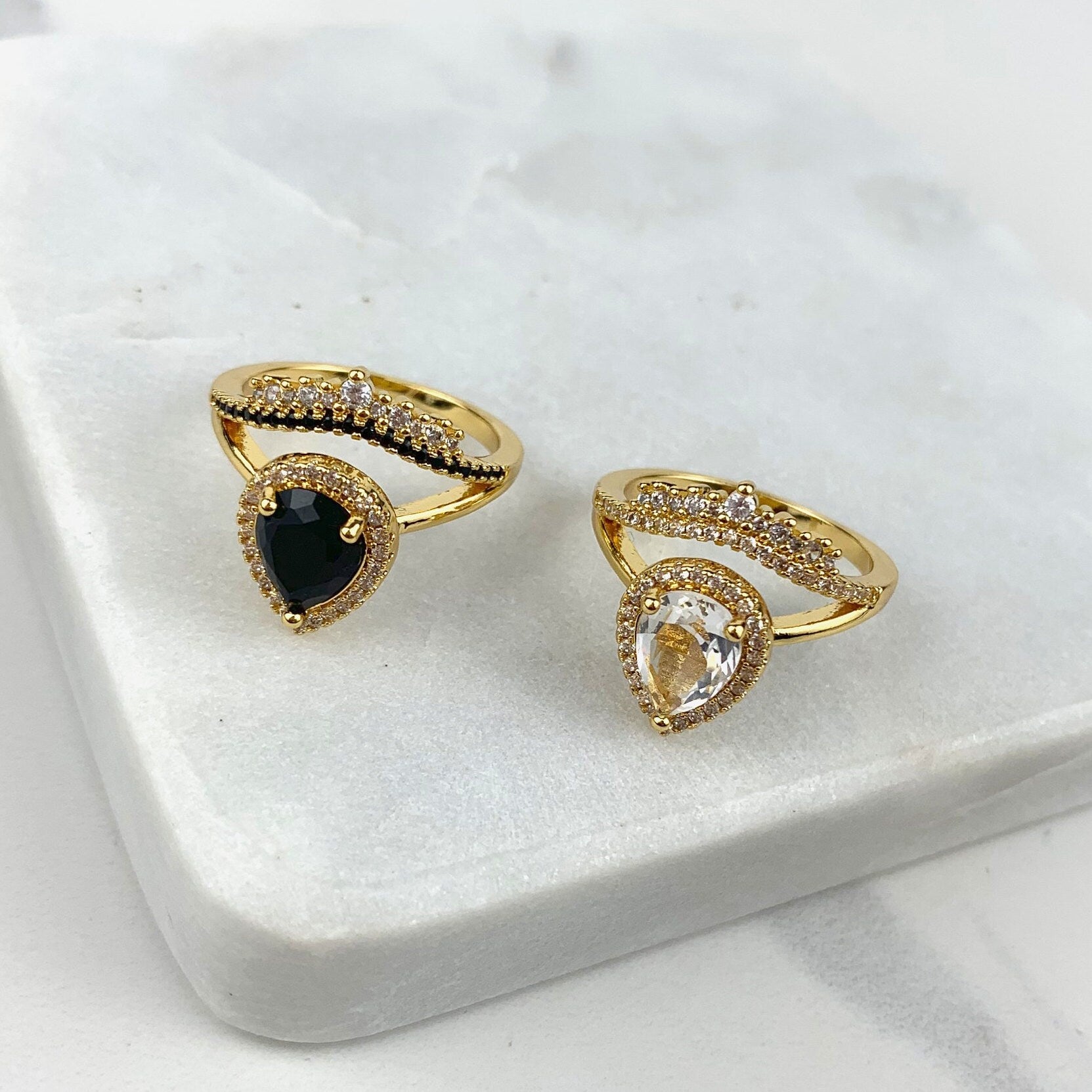 18k Gold Filled Cubic Zirconia Crown and Teardrop Ring, White or Black, Wholesale Jewelry Making Supplies