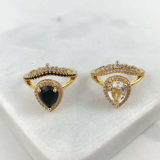 18k Gold Filled Cubic Zirconia Crown and Teardrop Ring, White or Black, Wholesale Jewelry Making Supplies