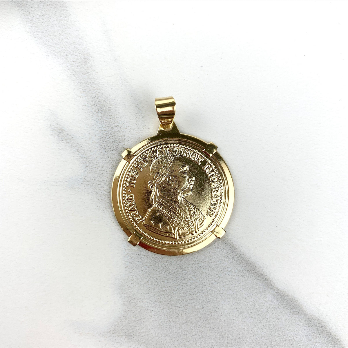 18k Gold Filled, Franc Joseph Emperor Austria Hungary, 1915 Token Antique Medal, Charm Pendant, Wholesale Jewelry Making Supplies