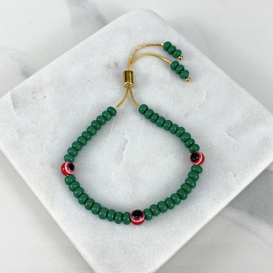 18k Gold Filled 1mm Snake Chain, Green Beads & Red Evil Eyes, Colored Adjustable Bracelet Wholesale Jewelry Supplies