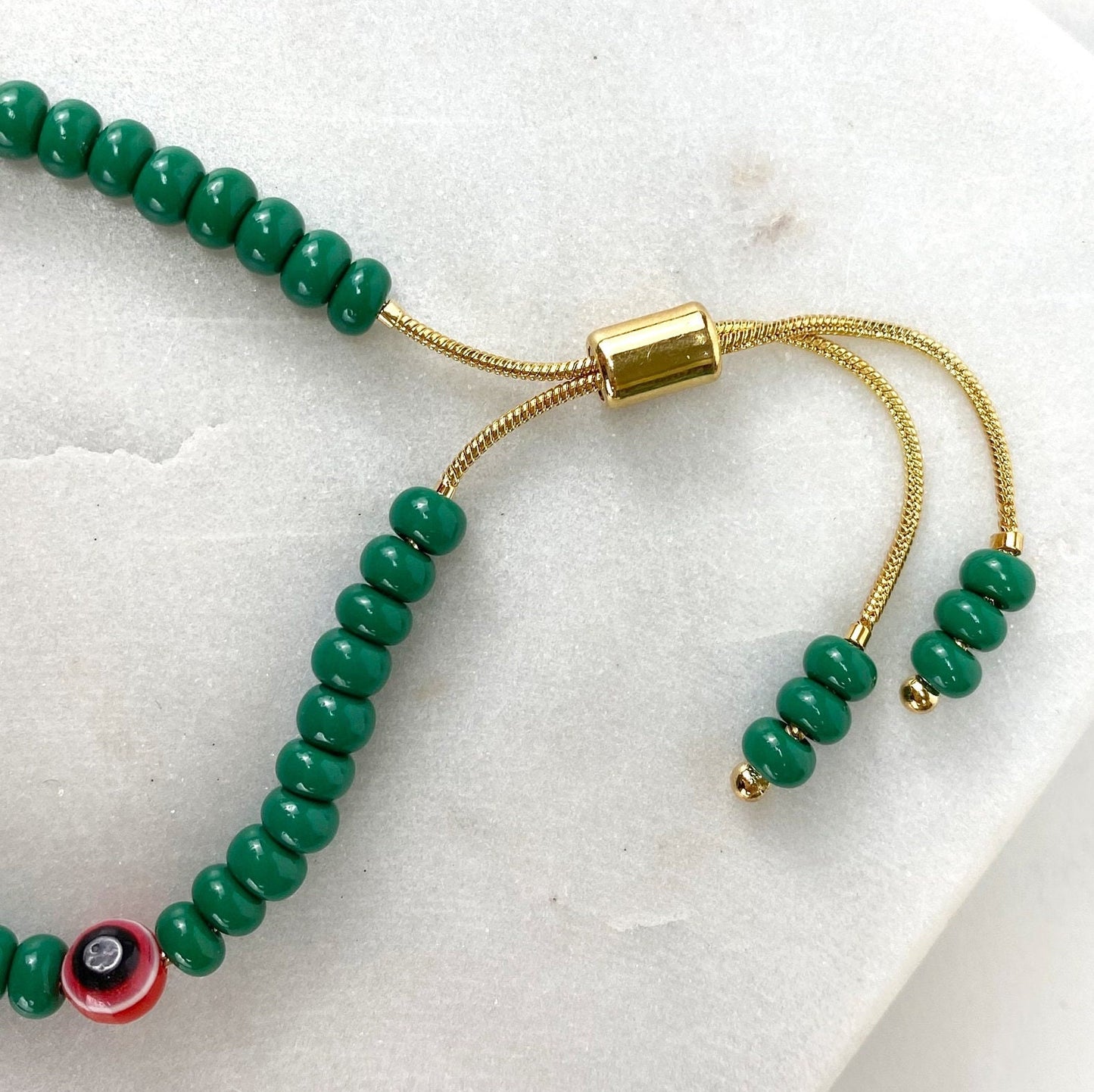 18k Gold Filled 1mm Snake Chain, Green Beads & Red Evil Eyes, Colored Adjustable Bracelet Wholesale Jewelry Supplies