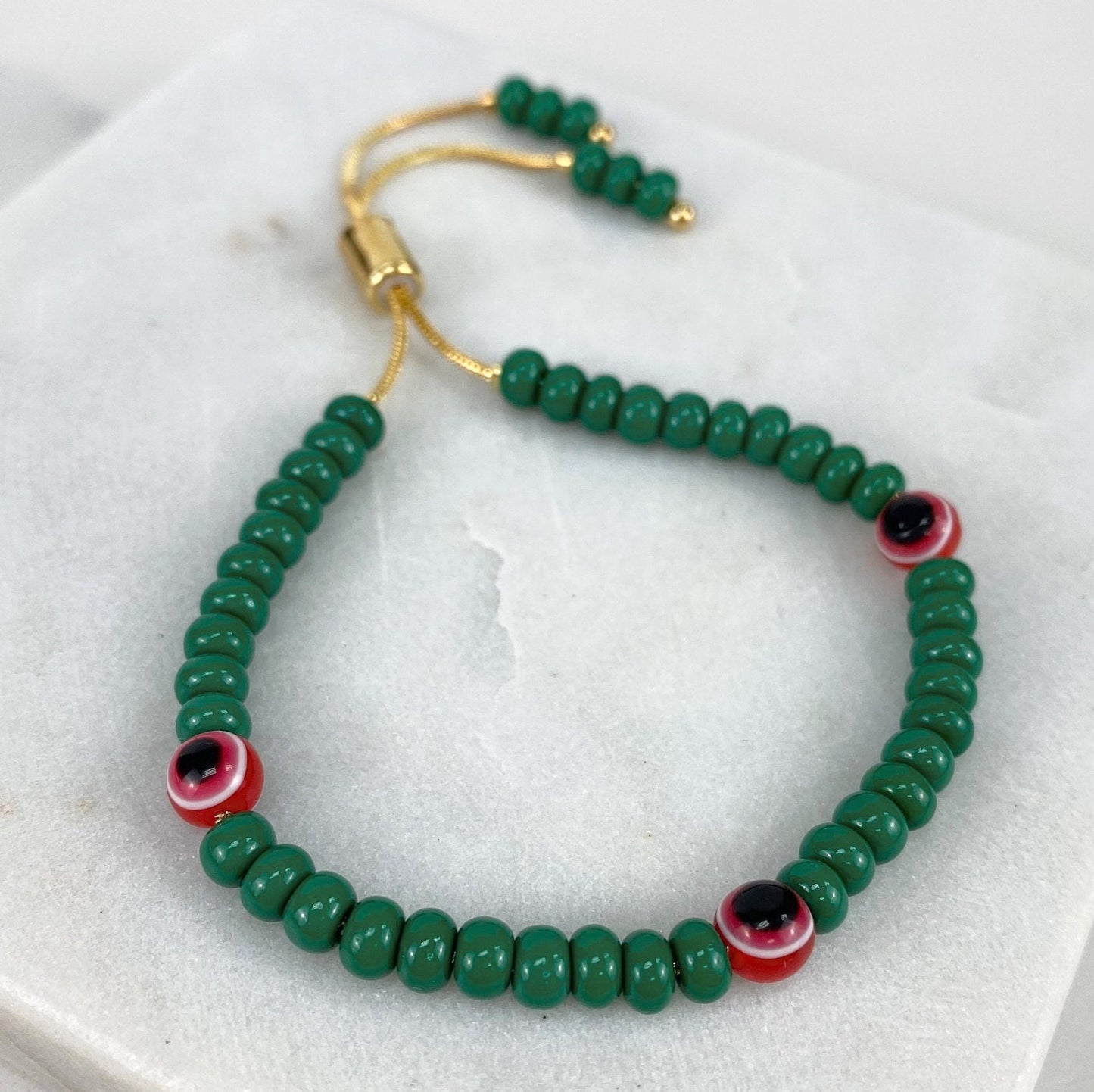 18k Gold Filled 1mm Snake Chain, Green Beads & Red Evil Eyes, Colored Adjustable Bracelet Wholesale Jewelry Supplies