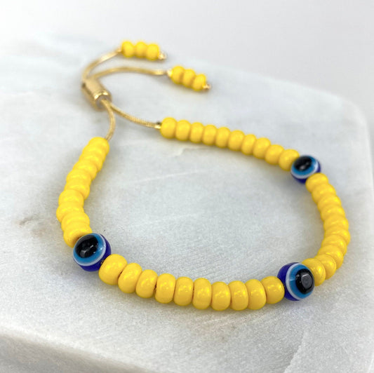 18k Gold Filled 1mm Snake Chain, Yellow Beads, Blue Evil Eyes, Colored Adjustable Bracelet Wholesale Jewelry Supplies