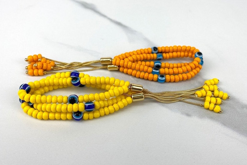 18k Gold Filled 1mm Snake Chain, Orange Beads, Blue Evil Eyes, Colored Adjustable Bracelet Wholesale Jewelry Supplies