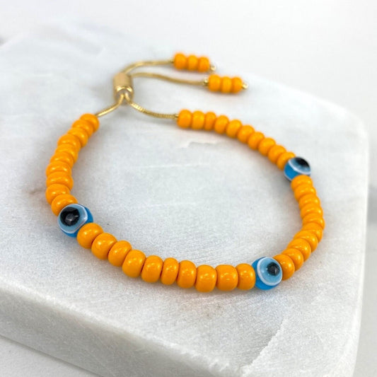 18k Gold Filled 1mm Snake Chain, Orange Beads, Blue Evil Eyes, Colored Adjustable Bracelet Wholesale Jewelry Supplies